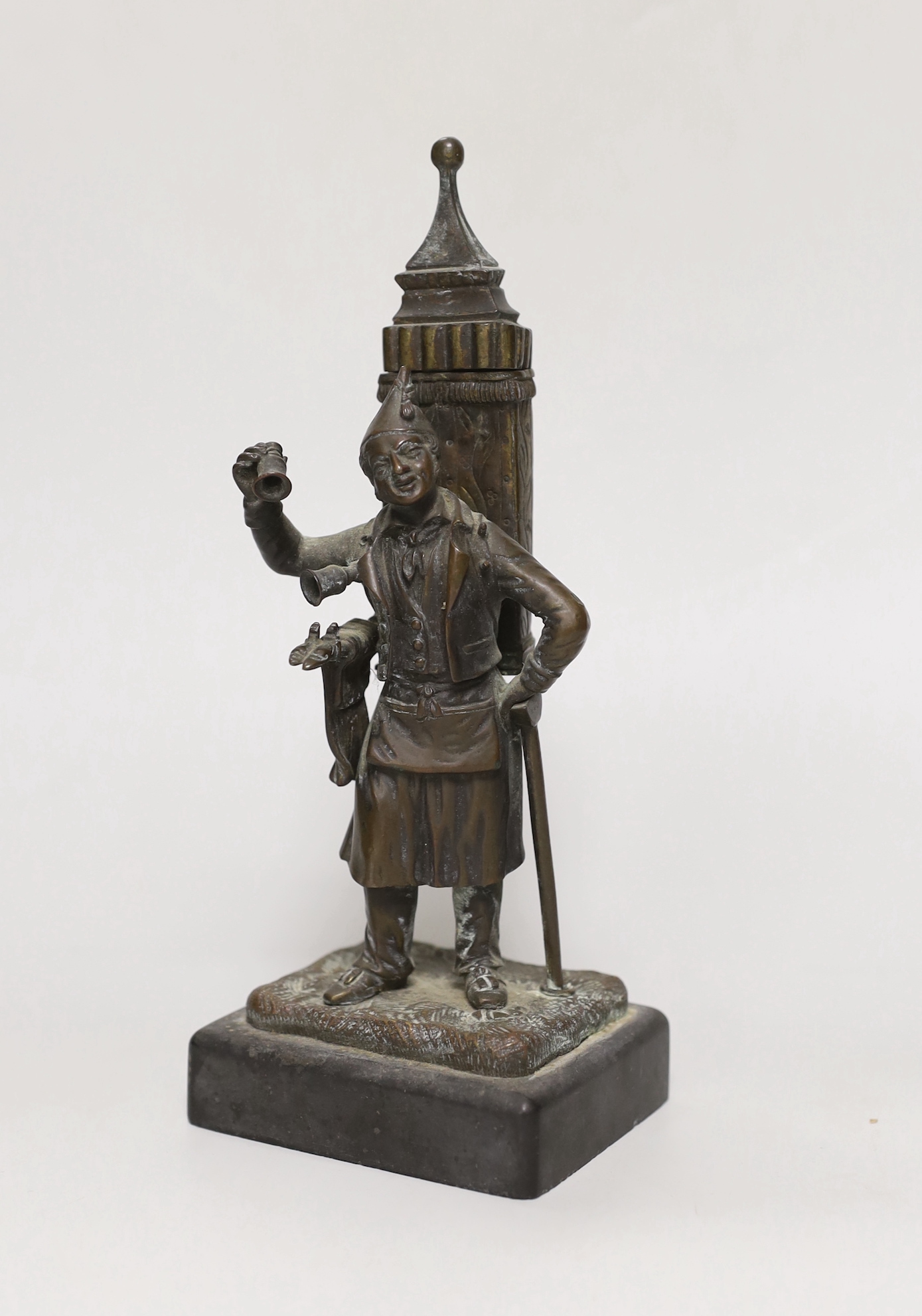 An early 20th century bronze figural match holder, on slate plinth, 20cm